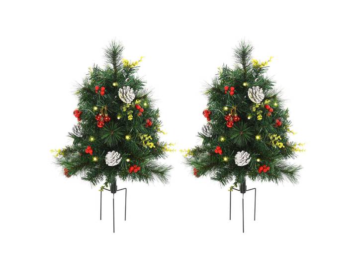 Homcom 2-Er Set Weihnachtsbäume Mini Künstlicher Christbaum mit rote Beere LED Ip44, Grün, Kunststoff, 75 cm, Dekoration, Weihnachtsdekoration, Christbaum & Zubehör