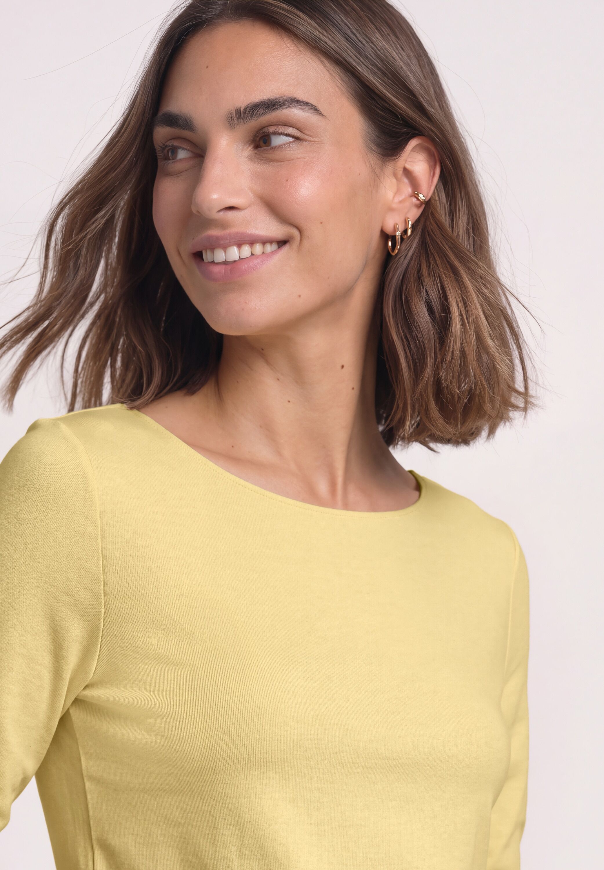Langarmshirt STREET ONE "Style Lanea", Damen, Gr. 34, gelb (sunbeam gelb), Jersey, Obermaterial: 50% Baumwolle, 50% Modal. Futter: 100% Baumwolle, unifarben, normal hüftbedeckend, U-Boot-Ausschnitt, abgesteppte Kante, Shirts Langarmshirt, Shirt mit U-Boot