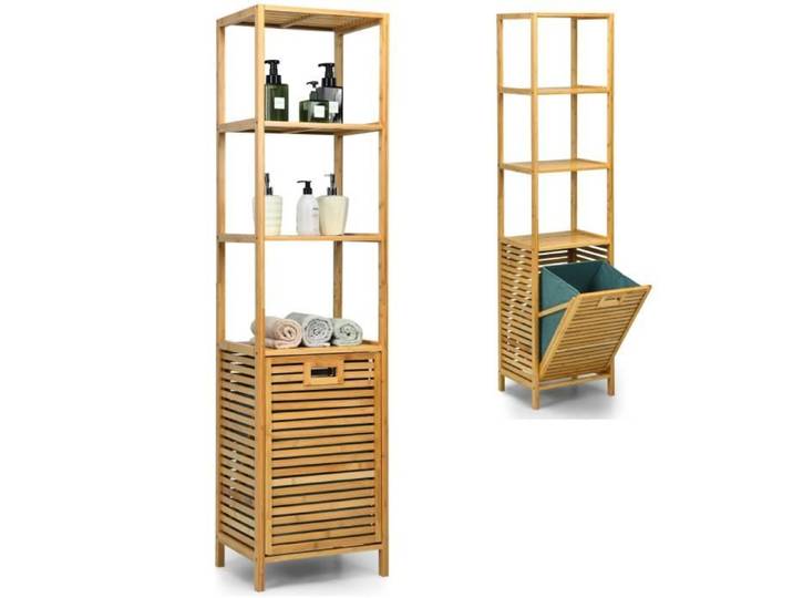 DREAMADE Armoire de Salle de Bain 3 Étagère avec Panier à Linge Amovible Meuble Salle de Bain en Bambou pour Toilettes Chambre