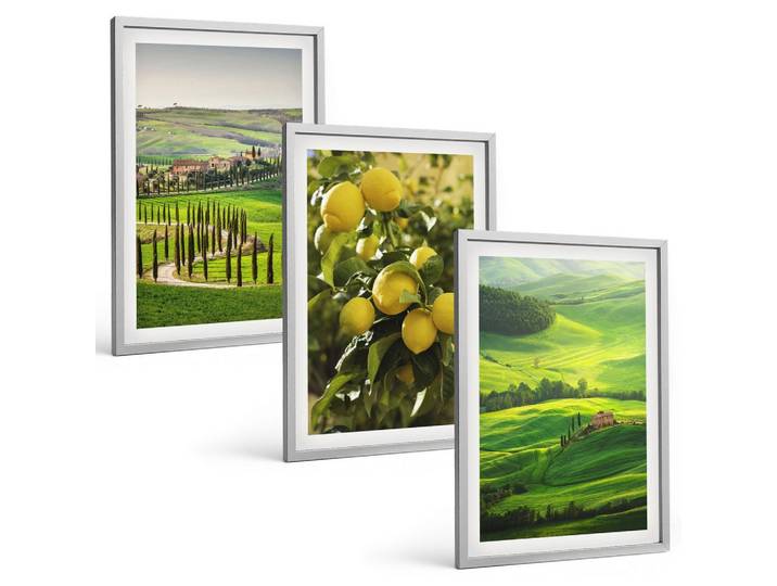BILDER SET 3er Set - 40x60 cm Silberner Rahmen - Italienische Zitrusfrüchte und Hügel