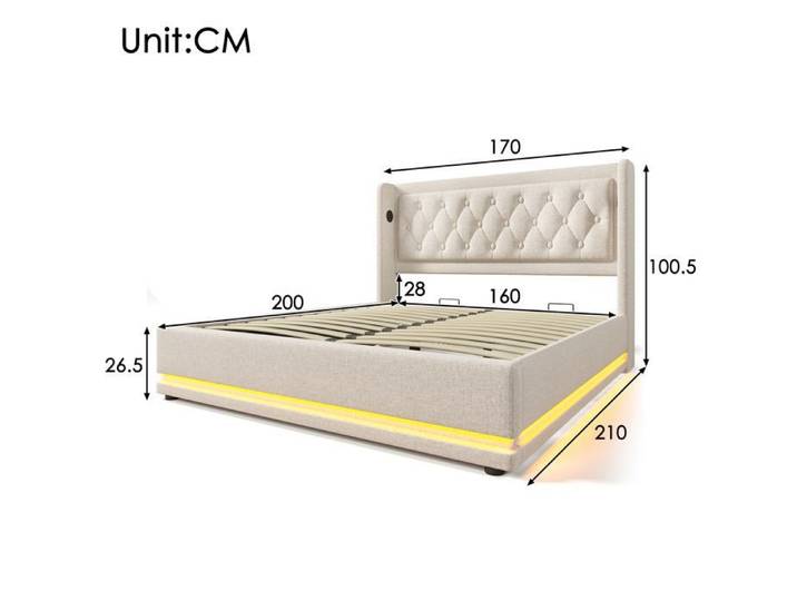 Lit double rembourré 160x200 cm avec fonction LED 3 côtés tête rembourrée avec fonction de charge USB Type-C Beige