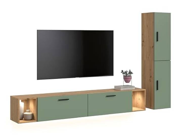 xonox.home – Wohnkombination inkl. Beleuchtung The One 259x182x34 cm in Artisan Oak und Smoke Green – Wand mit 2 Türen, 2 Klappen & LED – 10 Fächer schaffen Stauraum & ein sanftes Lichtkonzept im Raum