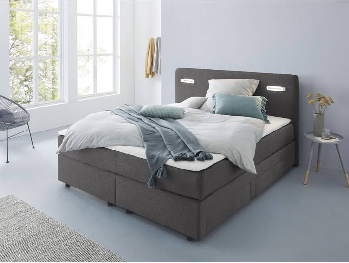 Boxbett, Polyester, Grau, 180×200 cm, Mit Schubkästen & LED-Beleuchtung, Klassisch, Inosign