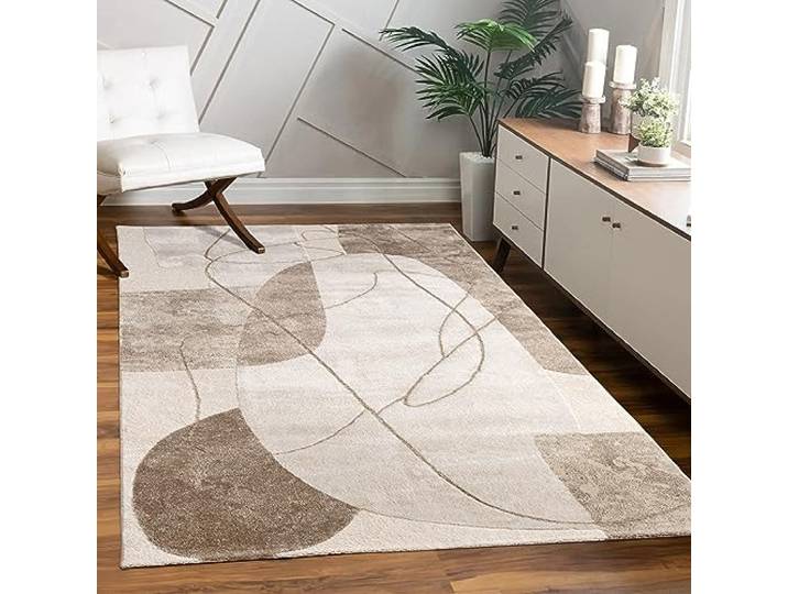 Paco Home Teppich Wohnzimmer Schlafzimmer Moderner Kurzflor glänzendes Palmen-Muster Florales Design Geometrisch Hoch-Tief-Effekt 3D, Grösse:240x340 cm, Farbe:Beige