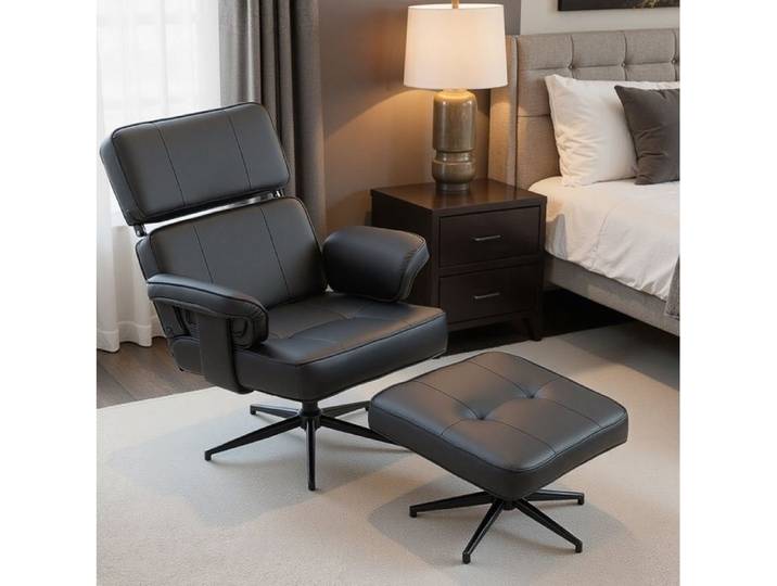 Fauteuil relax avec pouf – simili cuir noir – têtière réglable – base métallique