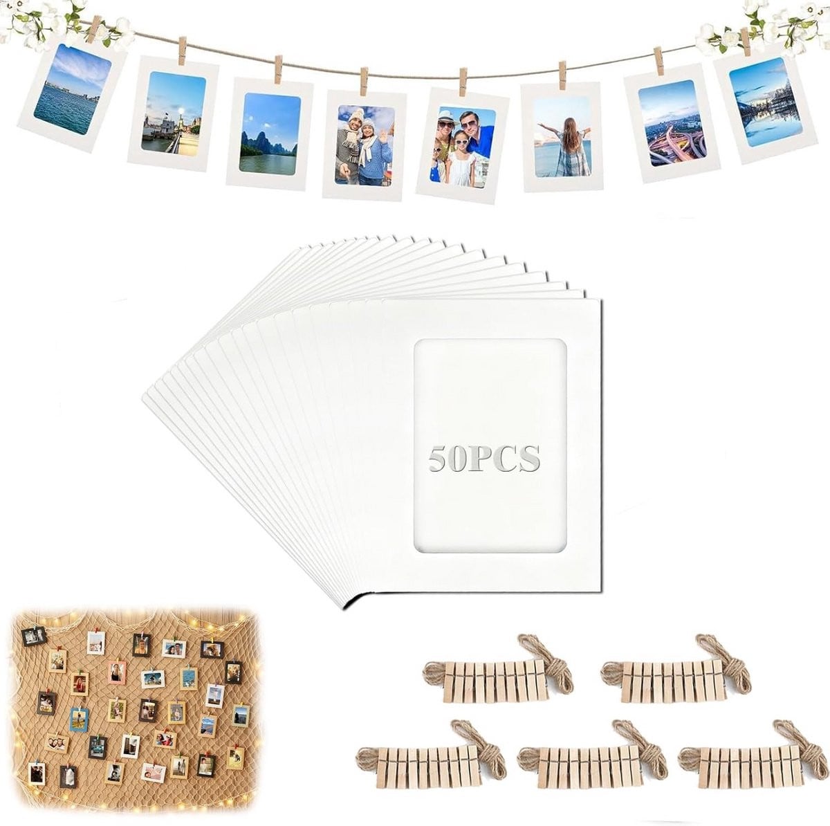 Papieren Fotolijsten Set - Foto Garland voor Muur Decoratie - Inclusief Clips en Koord - 50 Stuks - Wit