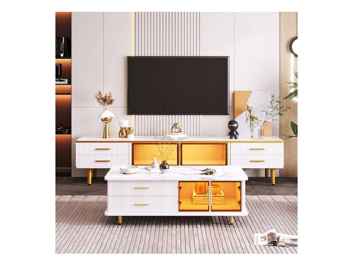 Odikalo Wohnzimmer-Set TV-Schrank Couchtisch modulare Tür gehärtetem Glas Wellenstruktur
