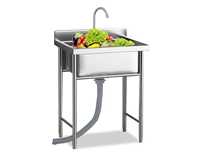 ZQFHSX Edelstahl-Küchenspüle – Freistehende Outdoor-Arbeitsstation mit Siebeinsätzen, Abtropfgittern, Einzelbecken, praktischem Handwaschbecken für die Wäsche, platzsparend