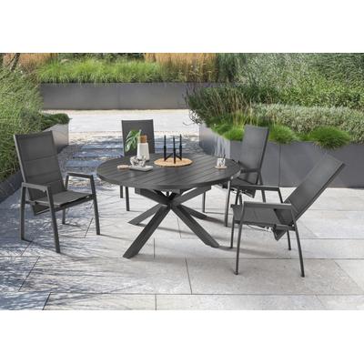 Garten-Essgruppe DESTINY "COSTA HL ARONA 4 HL+ Ausziehtisch Ø145/199cm, anthrazit", grau (anthrazit), Synchron-Auszug, Sitzmöbel-Sets, Aluminium, Textilene