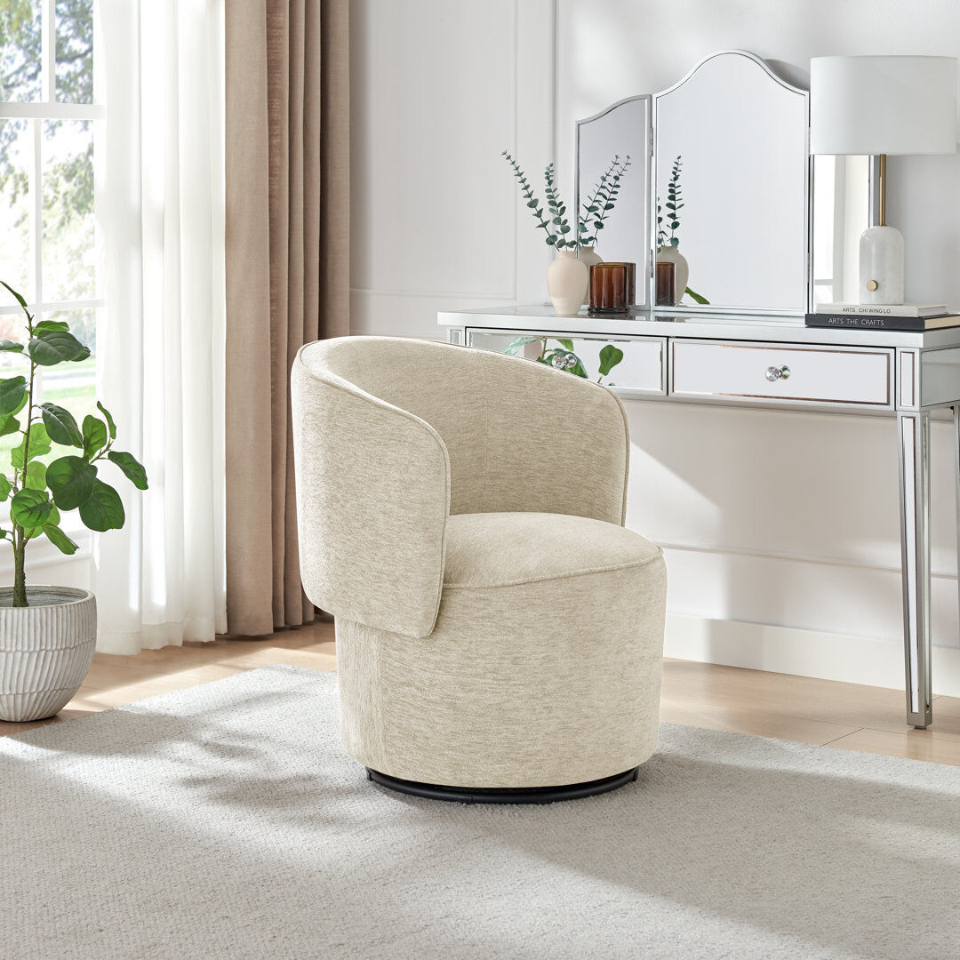 17 Stories Tanard Upholstered Fabric Round Swivel Accent Armchair - Elegant Stylish Cylindrical Design Cream 78cm H X 73.5cm W X 71.5cm D