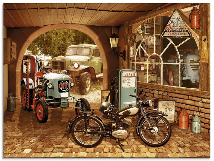 Glasbild ARTLAND Werkstatt mit Traktor und Motorrad , braun (farbe bild(er): braun), B:80cm H:60cm, Bilder, Glasbild, in verschiedenen Grössen