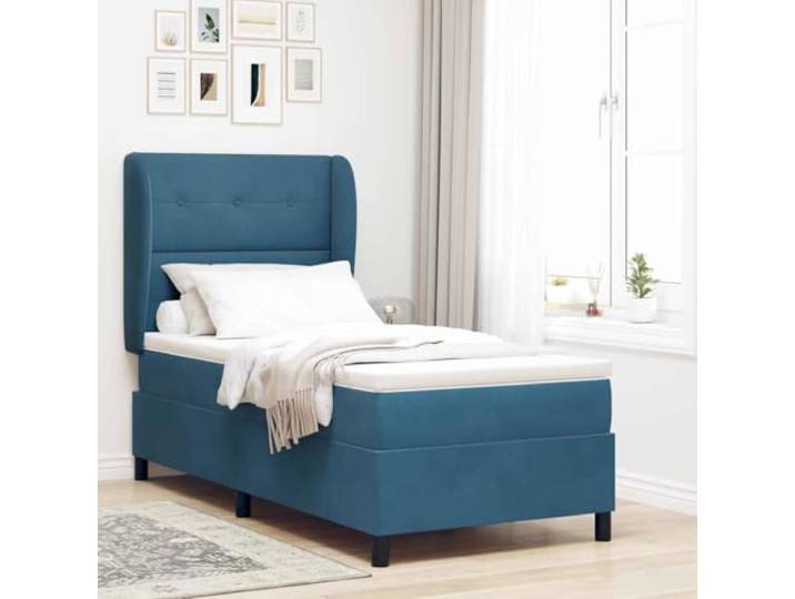 RJPLMFV Boxspringbett, Velours, Dunkelblau, 190 x 90 cm Verstellbares Kopfteil, mittelfeste Matratze, Rahmen aus Holz und Kiefer massiv, Lattenrost inklusive