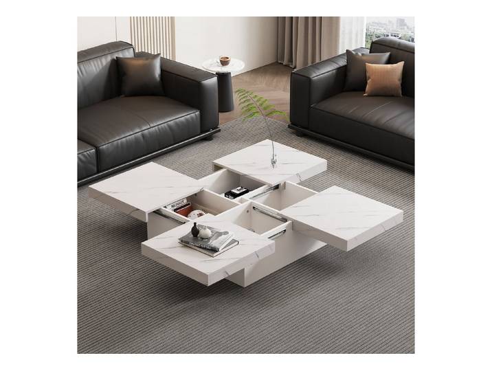 Merax Couchtisch mit versteckten Stauraum und Marmor-Optik (1-St), Quadratischer Wohnzimmertisch Satztisch mit 4 Schubladen, 90x90x25cm