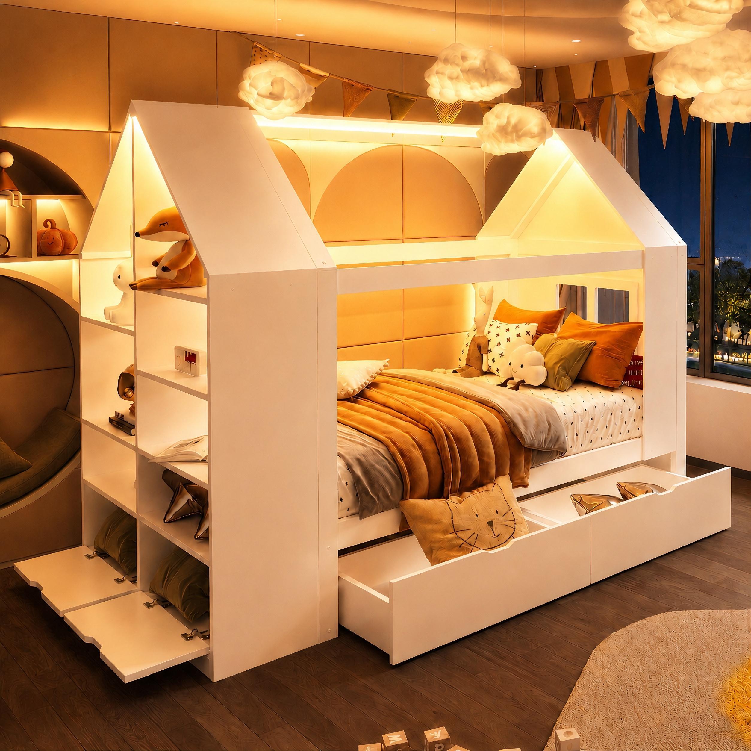 Merax Kinderbett 90x200cm mit Hausförmiges Design, Holzbett mit zwei Schubladen und LED, Multifunktionsbett mit klappbare Stauraumtür, Bodenbett, Weiß