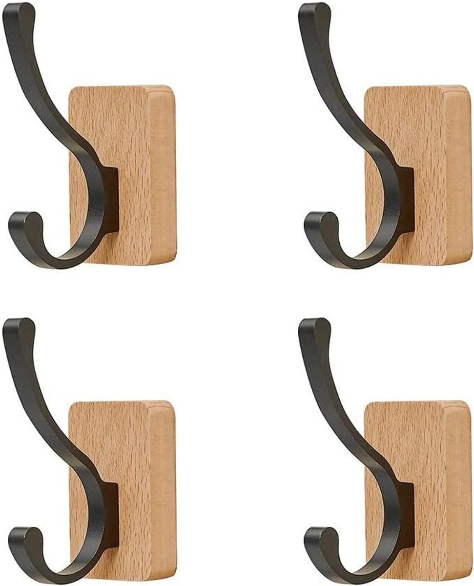 Set van 4 zelfklevende houten wandkapstokken voor het opbergen van kleding, houtkleur