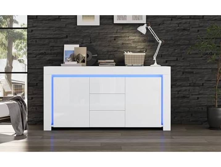 QQJIN Weiß Hochglanz Sideboard mit LED, 140 * 40 * 65cm Moderne Kommode mit 3 Schubladen,2 Türen, Sideboard mit Stauraum für Flure, Wohnzimmer, Büros, Küche,K