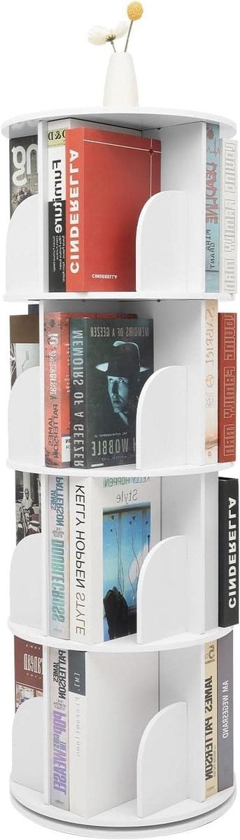 Multifunctionele ronde draaibare boekenkast met 4 niveaus, wit opbergrek voor media en boeken