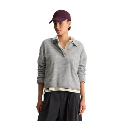 Langarm-Poloshirt MARC O'POLO DENIM, Damen, Gr. M, grau (stone melange), Strick, Obermaterial: 78% Schurwolle, 22% Polyamid, relaxed fit normal, Shirts, Strick, relaxed aus Bouclé-Garn, mit Schurwolle