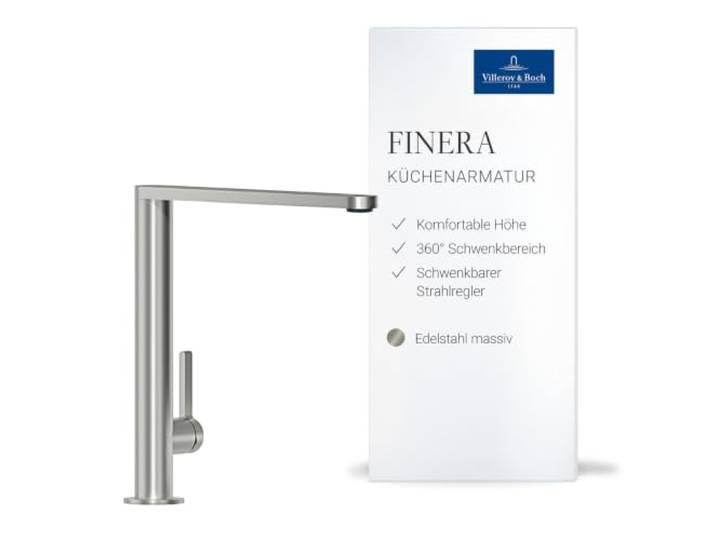 Villeroy & Boch Finera Küchenarmatur, Höhe 251 mm – Edelstahl massiv Hochdruck, Durchflussbegrenzung, Keramikkartusche, 360° Schwenkbereich, 927000LC
