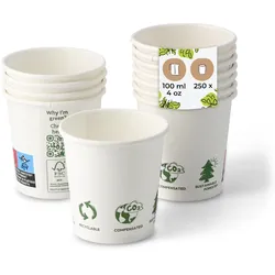 BIOZOYG 250 Stück Kaffeebecher 100ml / 4oz Einwegbecher Pappbecher weiß mit Bedruckung, kompostierbar nachhaltig Espressobecher Trinkbecher Biobecher