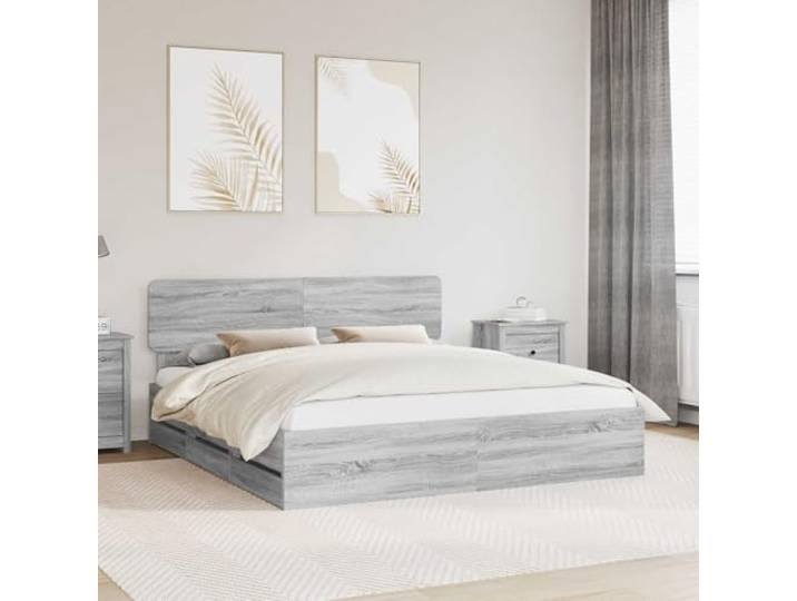 RJPLMFV Bettgestell, Sonoma-Grau, 200 x 200 cm, Holz Mit versteckten Schubladen, Kopfteil verstellbar, feste Latten, modernes Design