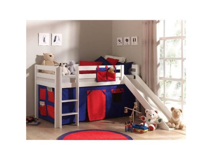 Lit enfant mezzanine toboggan - Vipack - PINO - Blanc - Pin Massif - Housse Domino