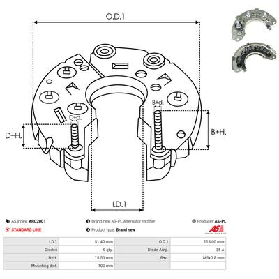 AS-PL Gleichrichter, Generator ARC2001 1180mm für Subaru NISSAN