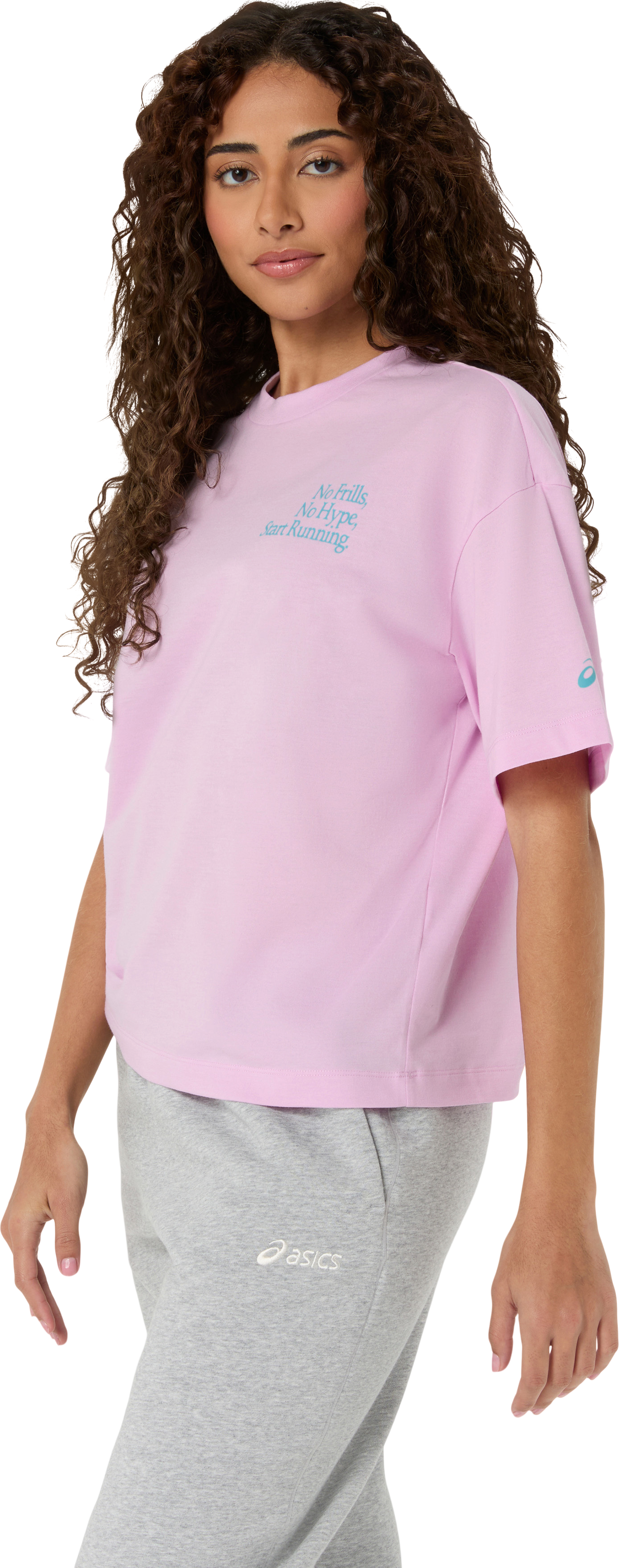 Laufshirt ASICS "RUNNER MESSAGE GRAPHIC RELAXED TEE", Damen, Gr. L, rosa (hazy lila), Obermaterial: 60% Baumwolle, 40% Polyester, Shirts Laufshirt, mit Start Running auf Vorder- und Rückseite hazy lila L