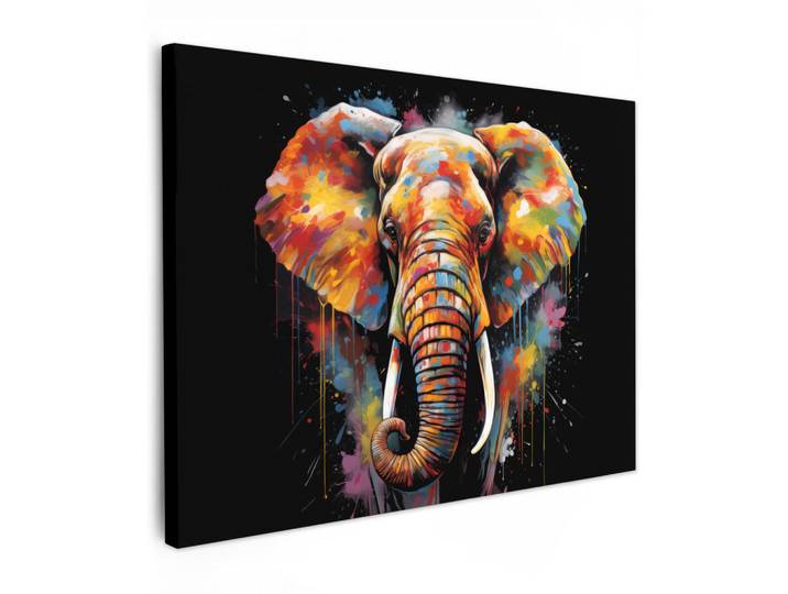 MuchoWow Leinwandbild - Elefant - Graffiti - Schwarz - Tiere - Farben - 80x60 - Malerei, Textil, Kiefer, Abstrakt, Rechteckig, 80x60 cm, gerahmt, Bilder & Rahmen, Bilder, Wandbilder