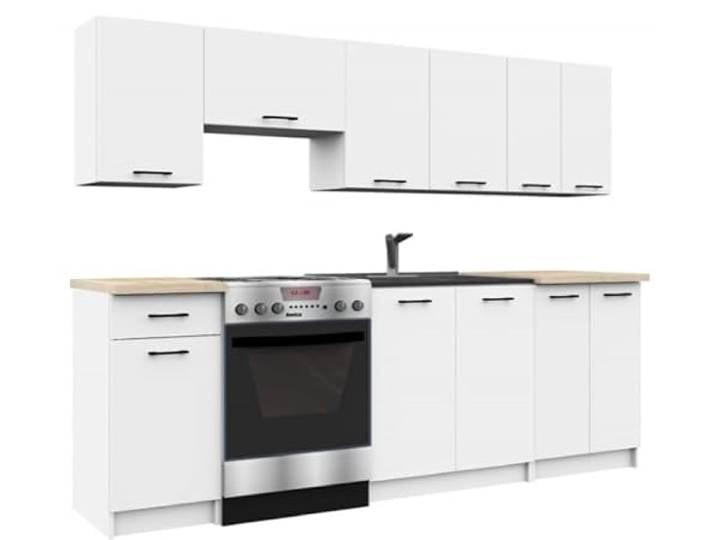 BDW - Küchenzeile ohne Elektrogeräte - Miniküche 240 cm breit - Küche Komplett: Küchenunterschränke & Küchenhängeschränke - 240x203x46 cm - Küchenschränke Weiß