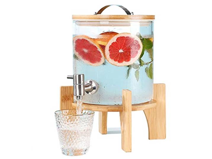 WRJAHCG Getränkespender aus Glas - Zapfhahn aus Edelstahl und Ständer - Wasserspender Glasbehälter für kalte Getränke,5L