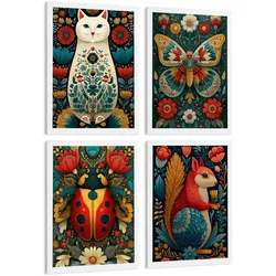 POSTER 4er-Set farbenfrohe Kunstdrucke im Folk-Art-Stil, Tiere und Blumen-Dekorationsbilder, im botanischen Stil für Wohnzimmer Weißer Rahmen A4
