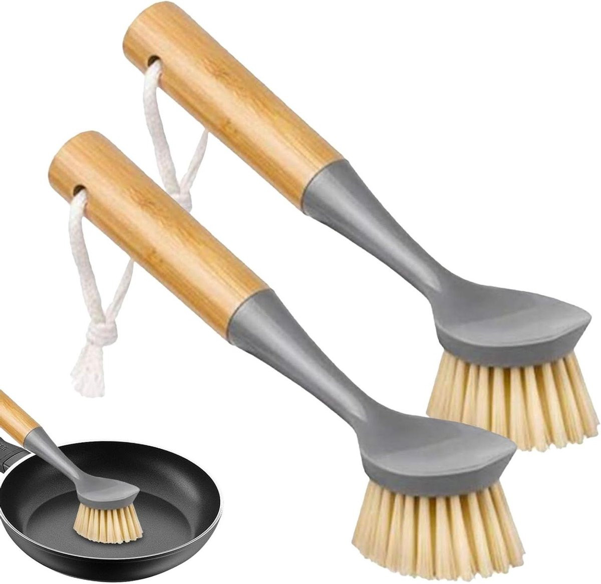 Houten Afwasborstel en Flessenborstel Set - Grijs - 2 Stuks
