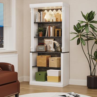 Garvee Tall Storage Bookcase with 5-Tier Open Shelves, Roman Column Design and 4 Adjustable Lights