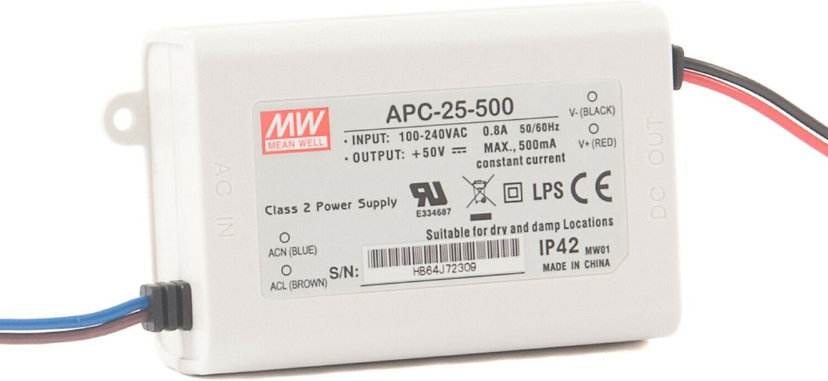 Mean Well LED Trafo 25W 25-70V AC/DC 350mA IP42 CC