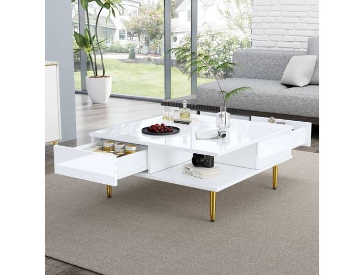 Nouvelle table basse carrée blanche épaissie au design moderne et élégant avec deux tiroirs deux compartiments ouverts et pieds