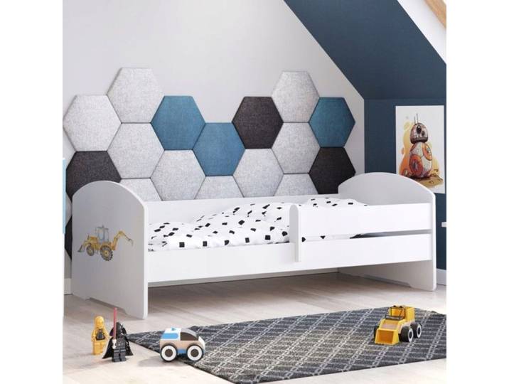 Lit enfant blanc LUK– 160x80 avec barrière et motif pelleteuse