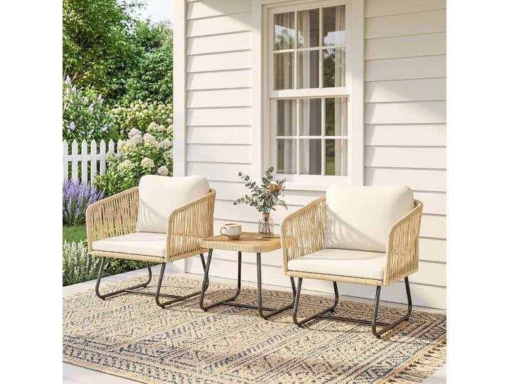 Outsunny Set Bistro 3pcs Rotin FSC Table Bois 2 Fauteuils Acier