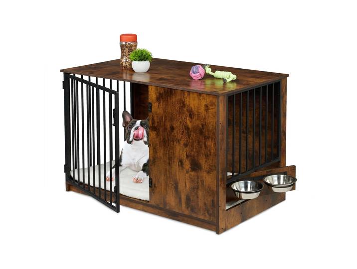 Hundekäfig für Zuhause 2 drehbare Näpfe Dunkelbraun-Schwarz-Silber
