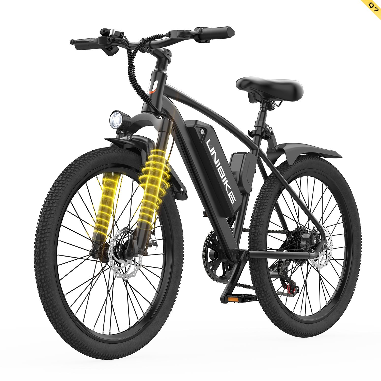 Q7 Elektro-Mountainbike für Erwachsene, 250W, 25 km/h, Federgabel, Doppelscheibenbremsen, zwei Lademöglichkeiten, 36V All-Terrain-Breitreifen