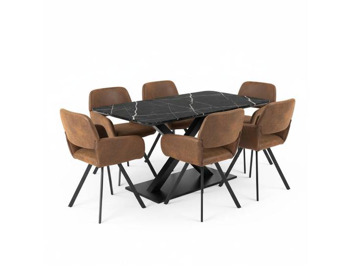Urban Meuble Tischgruppe 7-teilig Ausziehtisch Schwarz Marmoroptik & 6x 360° Drehstühle in Vintage Braun, Metall, Rechteckig,Rechteckig, 160x75x80 cm, Esszimmer, Bänke, Tischgruppen & Eckbankgruppen
