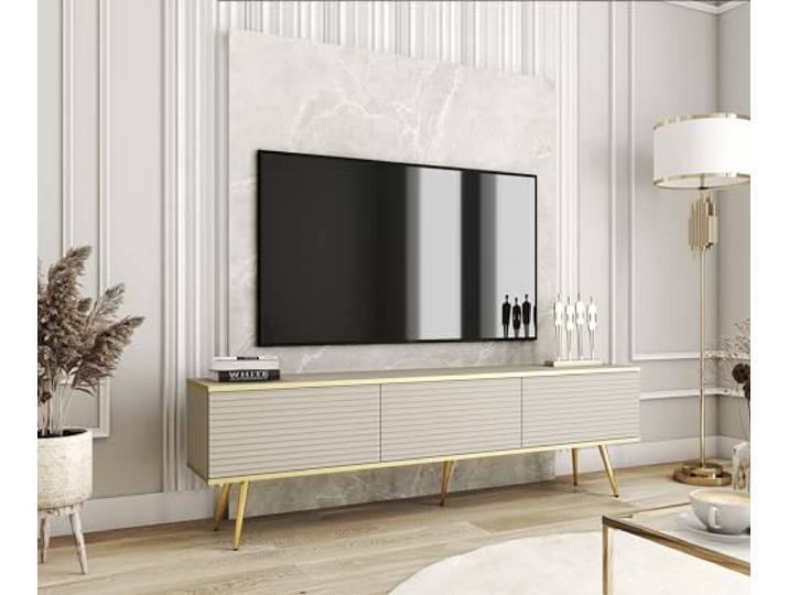 3xE Living TV-Lowboard mit Beinen 175 cm, Push-to-Open, Rillenfront, Beige mit goldenen Beinen, 175 x 32 x 53 cm