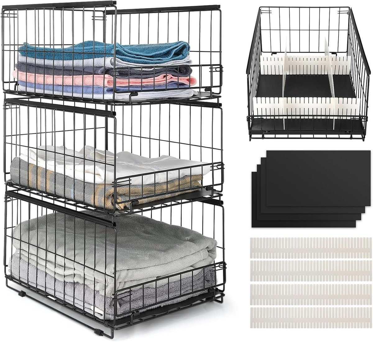 Thijox Set van 3 Stapelbare en Opvouwbare Kledingkast-Organizers - Zwart