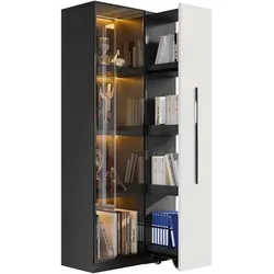 Merax LED Vitrinenschrank 70×40×160 cm, Multifunktionsschrank mit Glasvitrine, Bücherregal & Aufbewahrungsschrank, Rollschrank schwarz & weiß