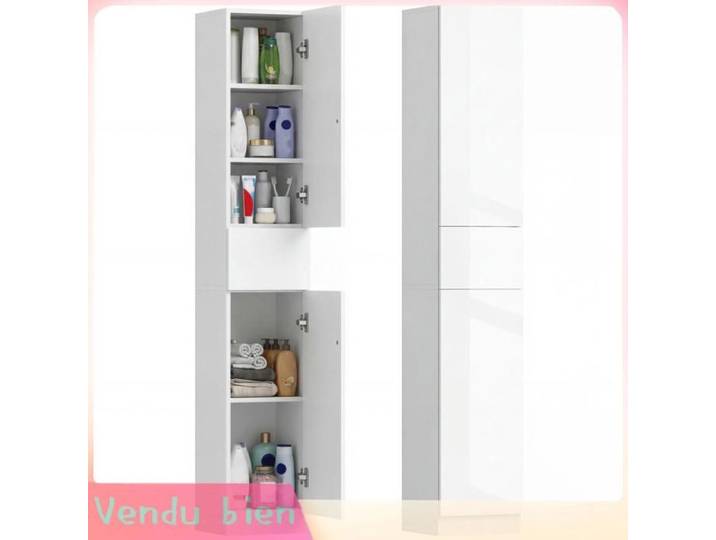 LIA Meuble colonne salle bain 2 placards tiroir coulissant blanc laqué 30x28x170cm