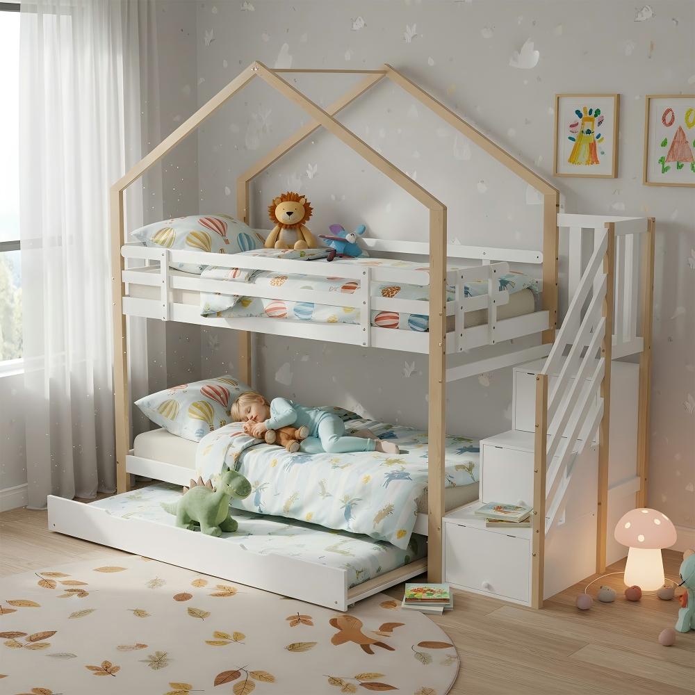 Etagenbett 90x200cm mit Ausziehbett 90x190cm, Holz+MDF Kinderbett mit Treppe, Schubladen, Absturzsicherung und Lattenrosten in Natur+Weiß