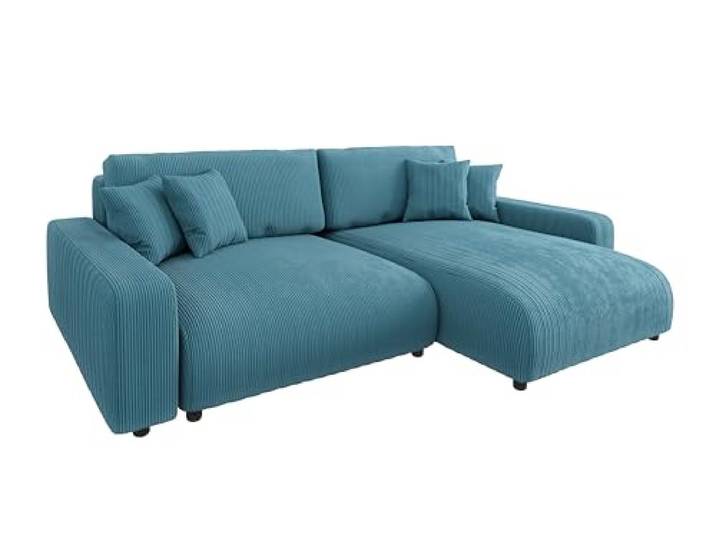 S-Style Möbel Sofa Couch Ecksofa Eckcouch L Form Mit Schlaffunktion Bettkasten 234 x 170 x 78 cm Cordstoff Freistehend Rechts Mit Kissen Zierkissen Modern Ruprecht Türkis