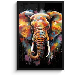 POSTER MIT RAHMEN Elefant - Graffiti - Schwarz - Tiere - Farben Bilder mit Rahmen 40x60 cm