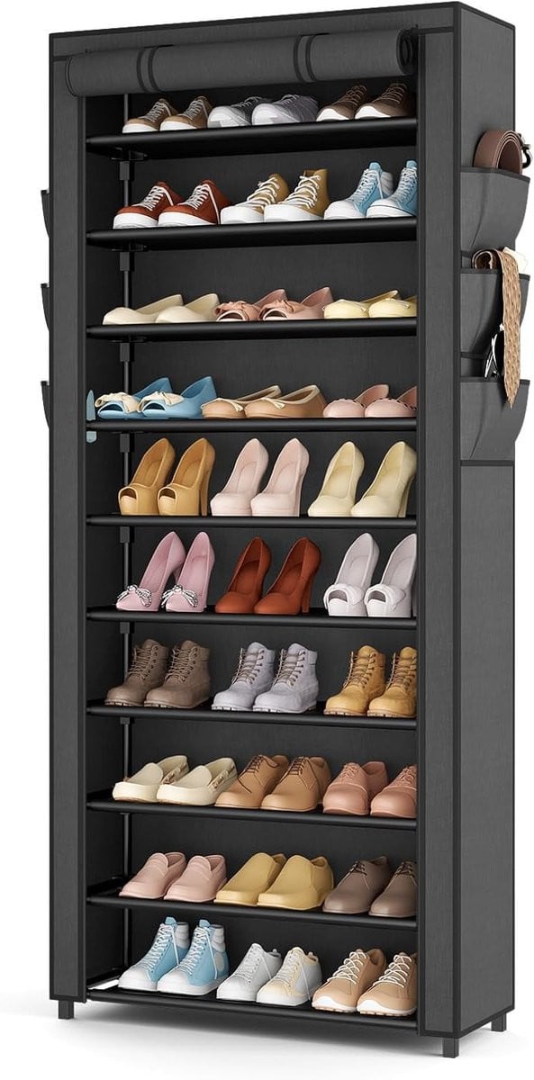 Zwart schoenenrek met 11 niveaus en stofafdekking voor 36-41 paar schoenen