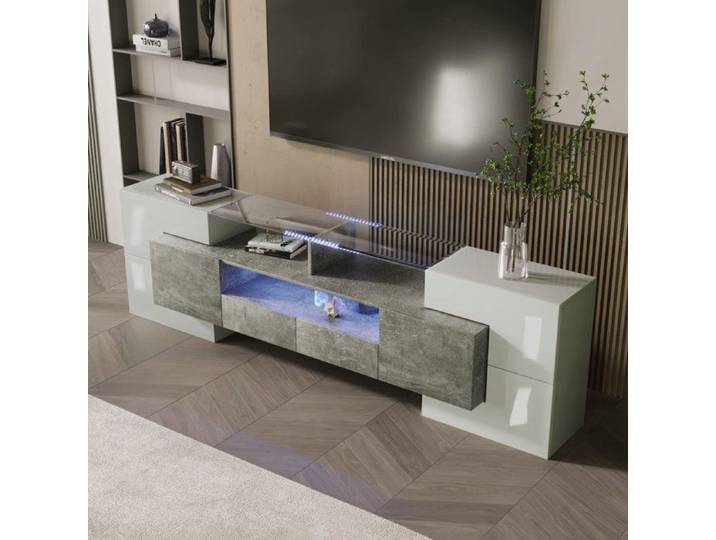 Meuble TV - LANGTU - Meuble TV élégant 200 cm - Blanc brillant & béton - 6 portes 2 tiroirs - Éclairage LED